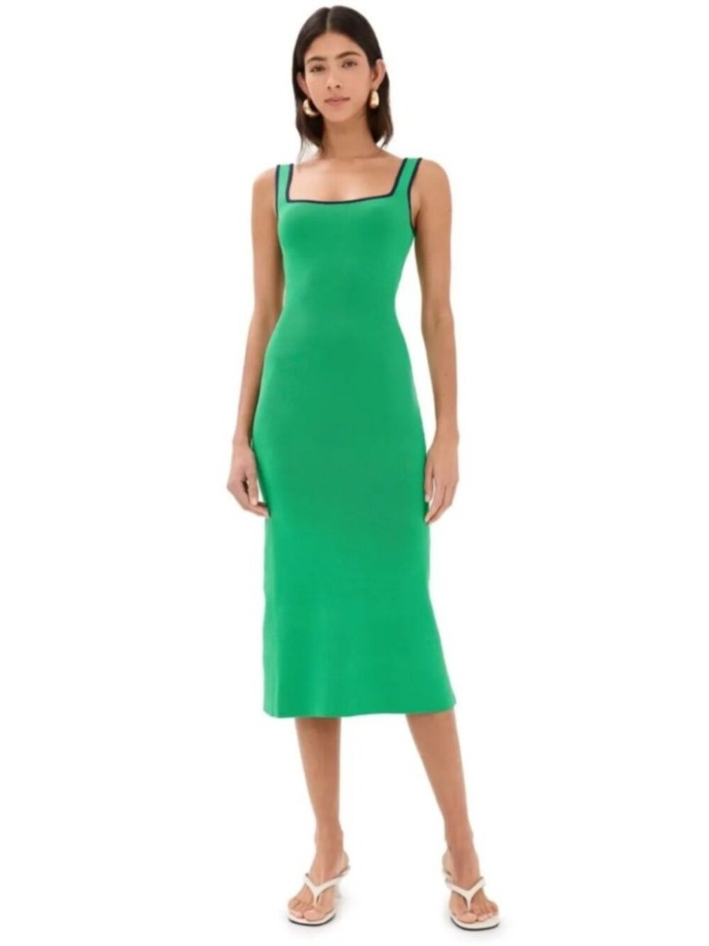 NEW $225 Staud Paityn Midi Dress Seaweed/Navy Square-Neck Stretchy XS Casual - Picture 2 of 9